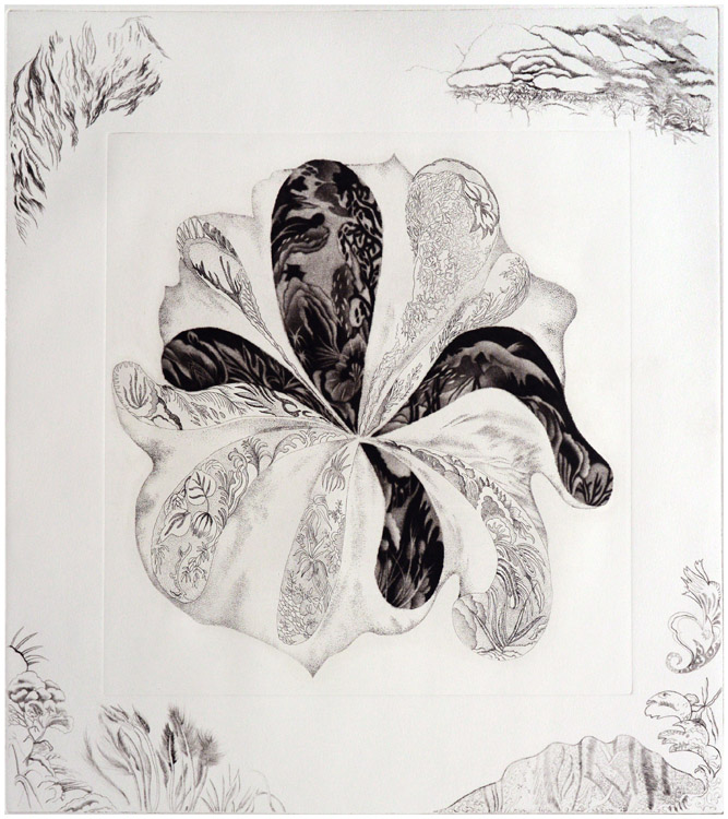 Combinazione complicata (5), 2014 - acquaforte, maniera nera, puntasecca, 2 lastre mm.347x327 e mm.500x445