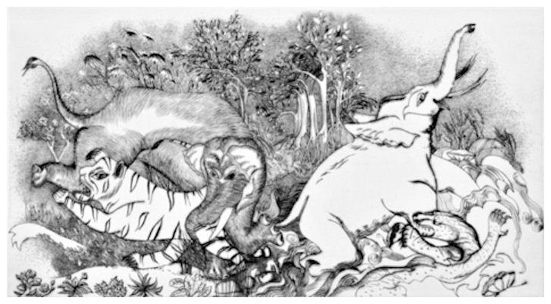 Les deux éléphants,le noir et le blanc,2013-puntasecca ,mm.175x325